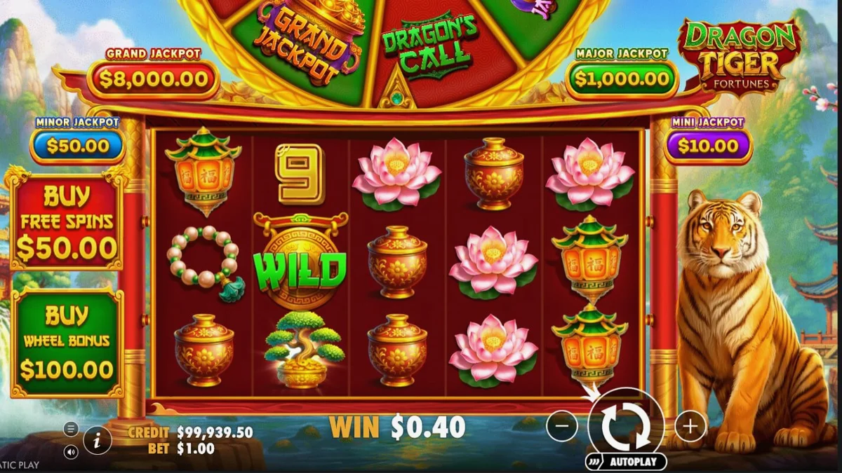 Tampilan visual slot Dragon Tiger Fortunes dengan tema Oriental yang kaya warna