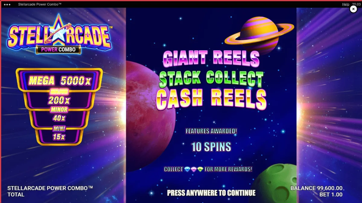 Tampilan visual slot Stellarcade Power Combo dengan nuansa neon ruang angkasa