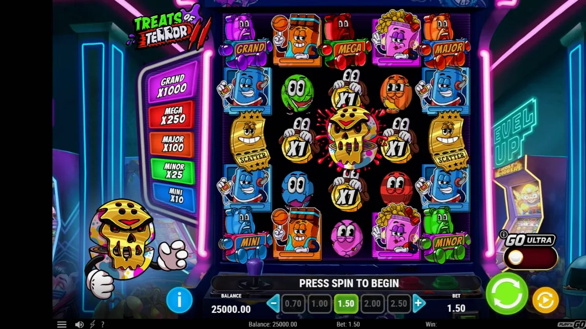 Tampilan visual neon dari slot Treats of Terror 2 dengan elemen horor komedi